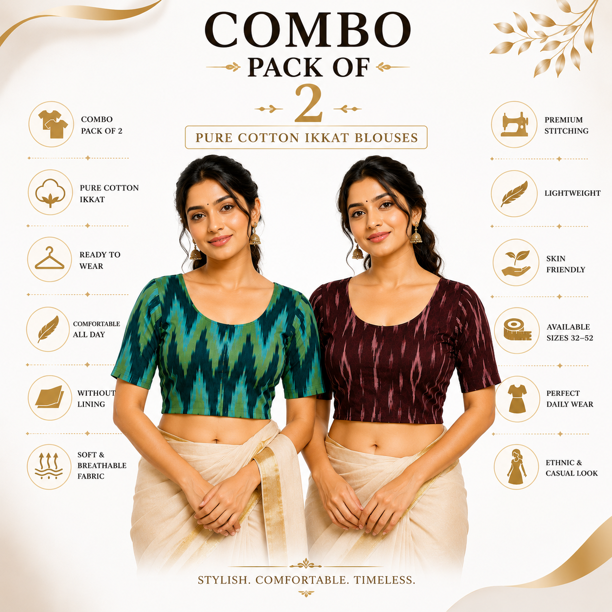 Rivariya Ikkat Cotton Ready-to-Wear Saree Blouse | Pack of 2