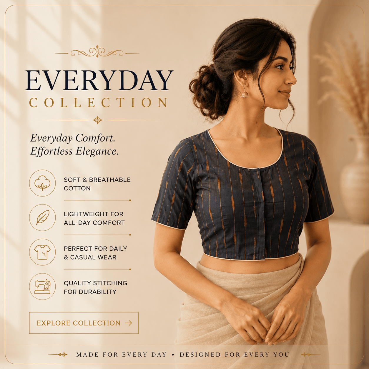 Rivariya Everyday Collection Ready-to-Wear Cotton Saree Blouse for Women | Premium Daily Ethnic Wear