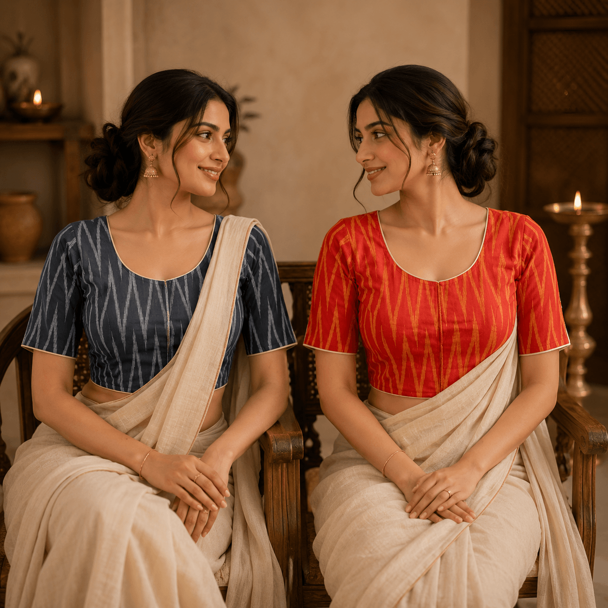 Rivariya Ikkat Cotton Ready-to-Wear Saree Blouse | Pack of 2