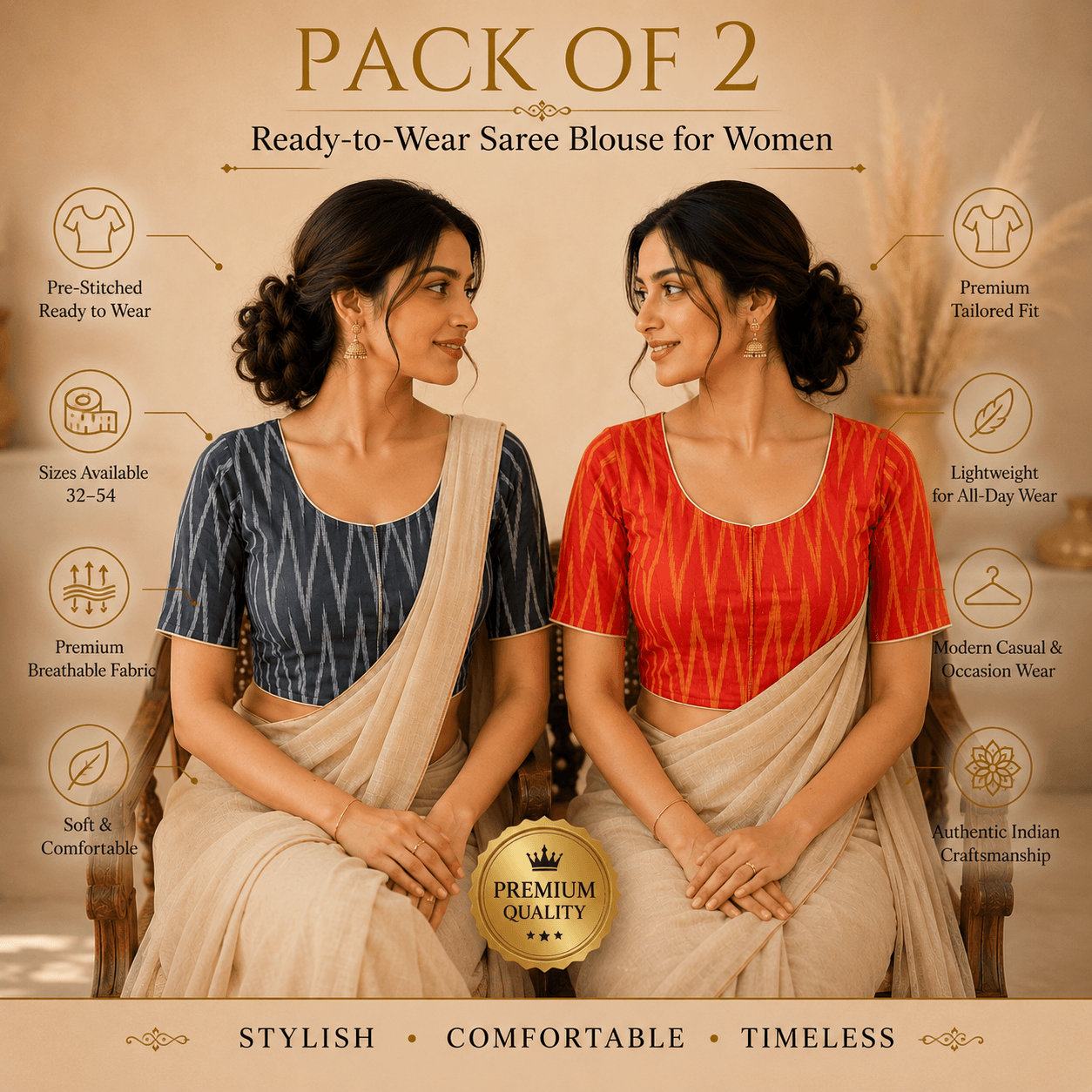 Rivariya Ikkat Cotton Ready-to-Wear Saree Blouse | Pack of 2