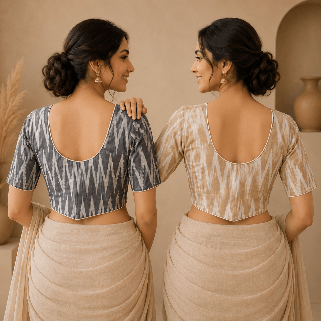 Rivariya Ikkat Cotton Ready-to-Wear Saree Blouse | Pack of 2
