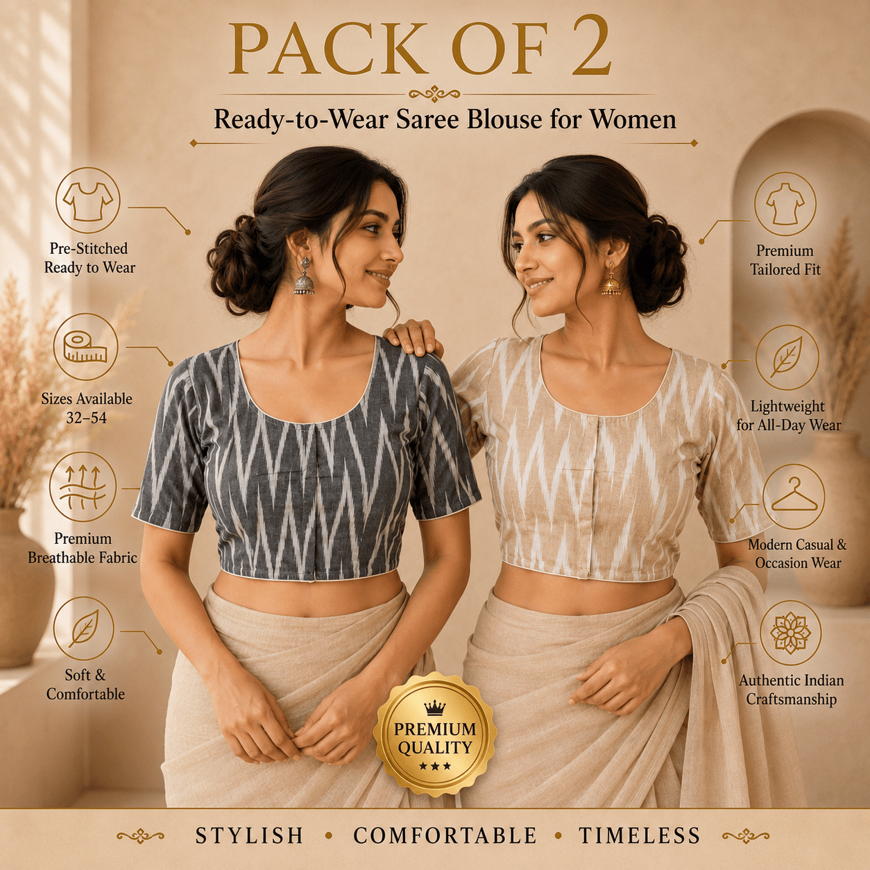 Rivariya Ikkat Cotton Ready-to-Wear Saree Blouse | Pack of 2