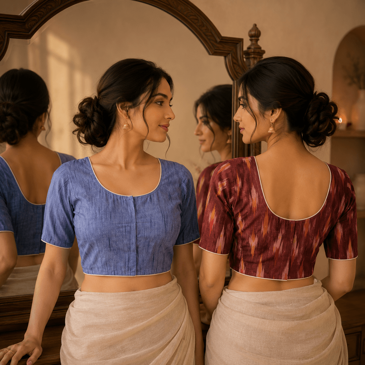 Rivariya Ikkat Cotton Ready-to-Wear Saree Blouse | Pack of 2