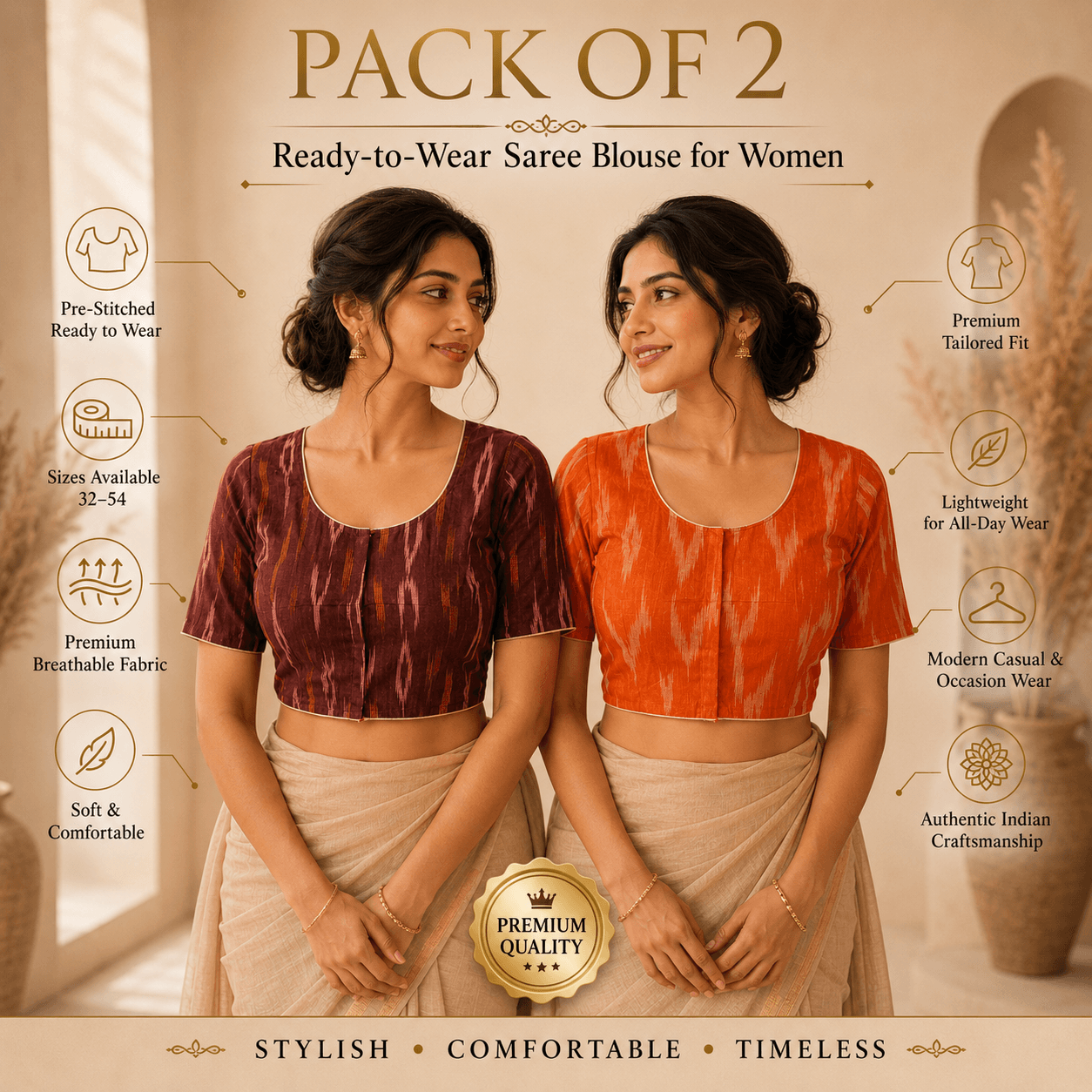 Rivariya Ikkat Cotton Ready-to-Wear Saree Blouse | Pack of 2