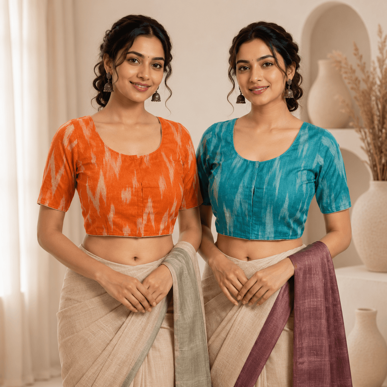 Rivariya Ikkat Cotton Ready-to-Wear Saree Blouse | Pack of 2