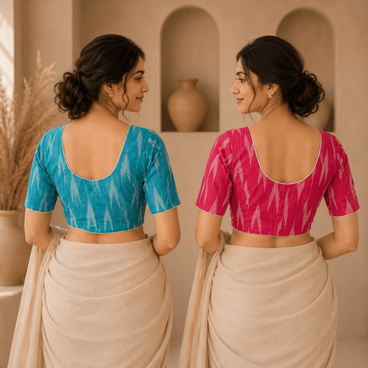 Rivariya Ikkat Cotton Ready-to-Wear Saree Blouse | Pack of 2