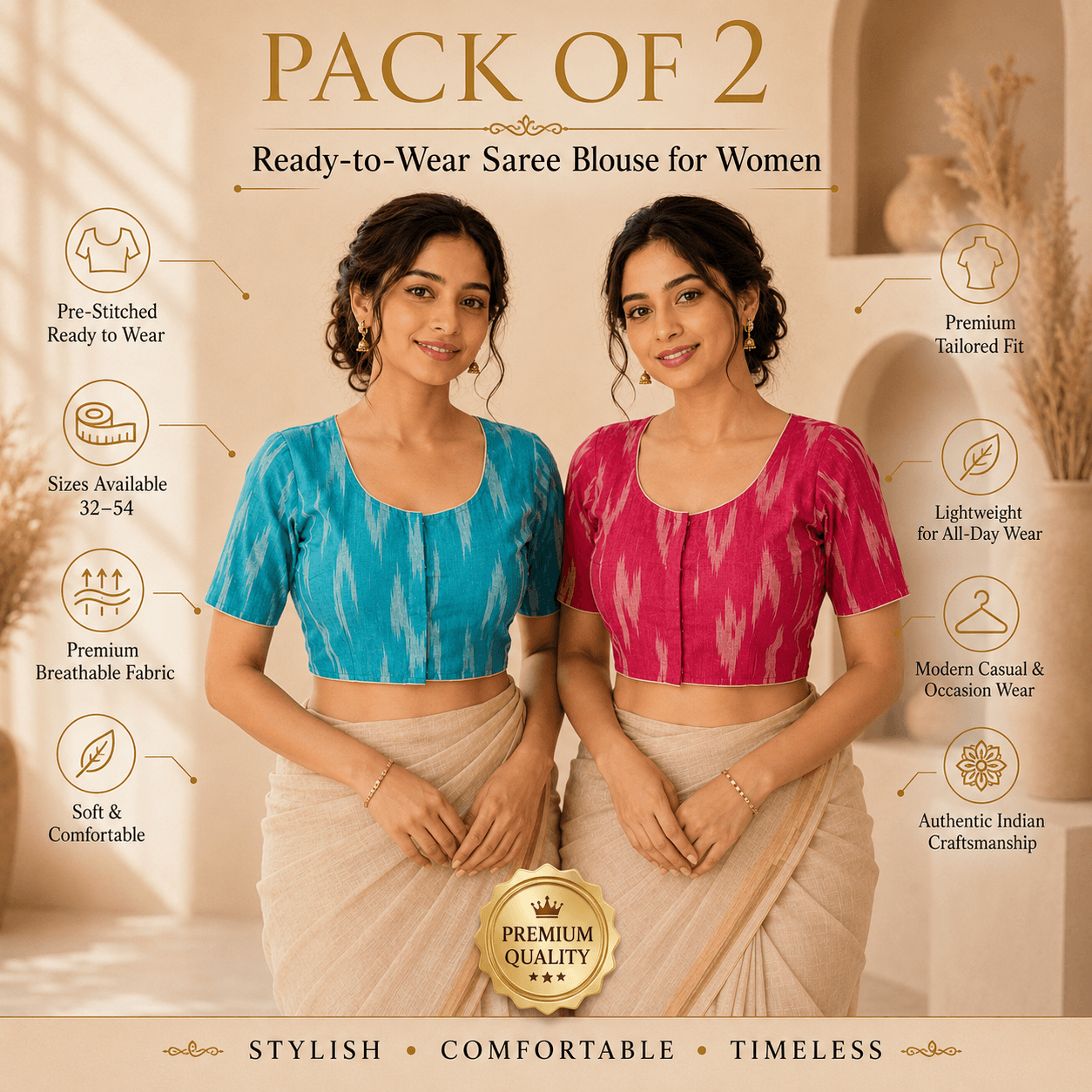 Rivariya Ikkat Cotton Ready-to-Wear Saree Blouse | Pack of 2