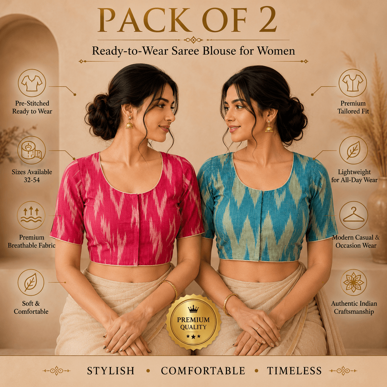 Rivariya Ikkat Cotton Ready-to-Wear Saree Blouse | Pack of 2