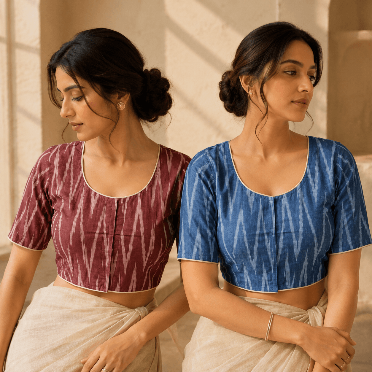 Rivariya Ikkat Cotton Ready-to-Wear Saree Blouse | Pack of 2