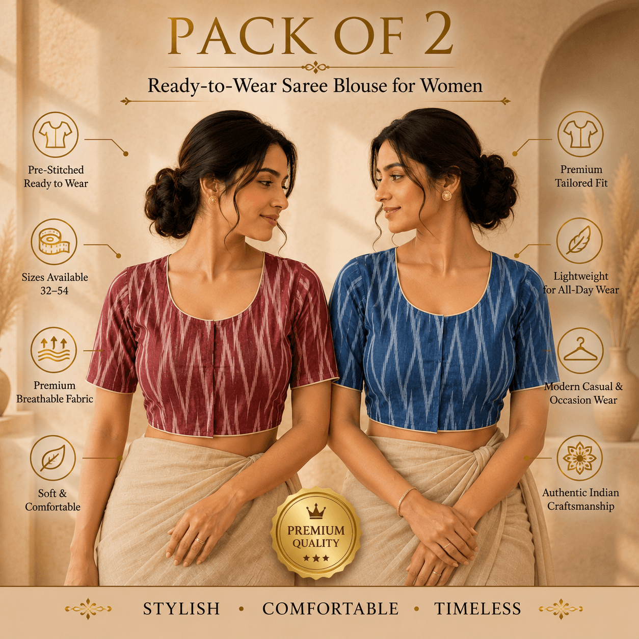 Rivariya Ikkat Cotton Ready-to-Wear Saree Blouse | Pack of 2