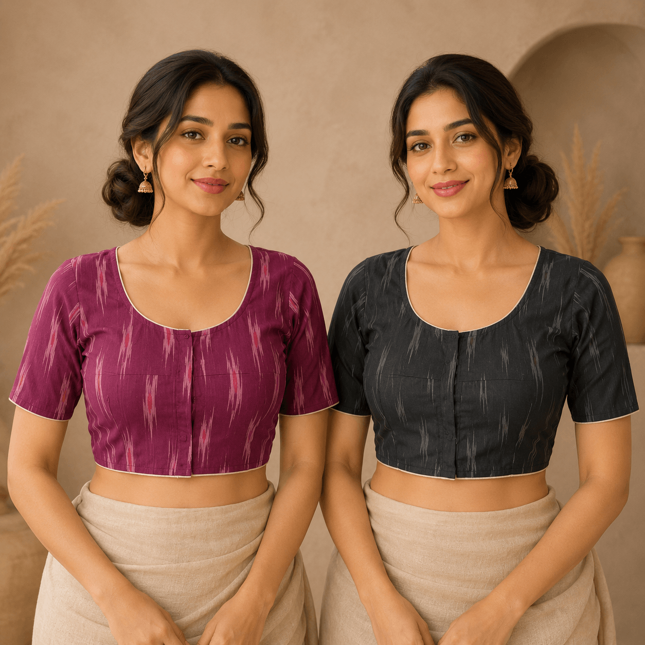 Rivariya Ikkat Cotton Ready-to-Wear Saree Blouse | Pack of 2