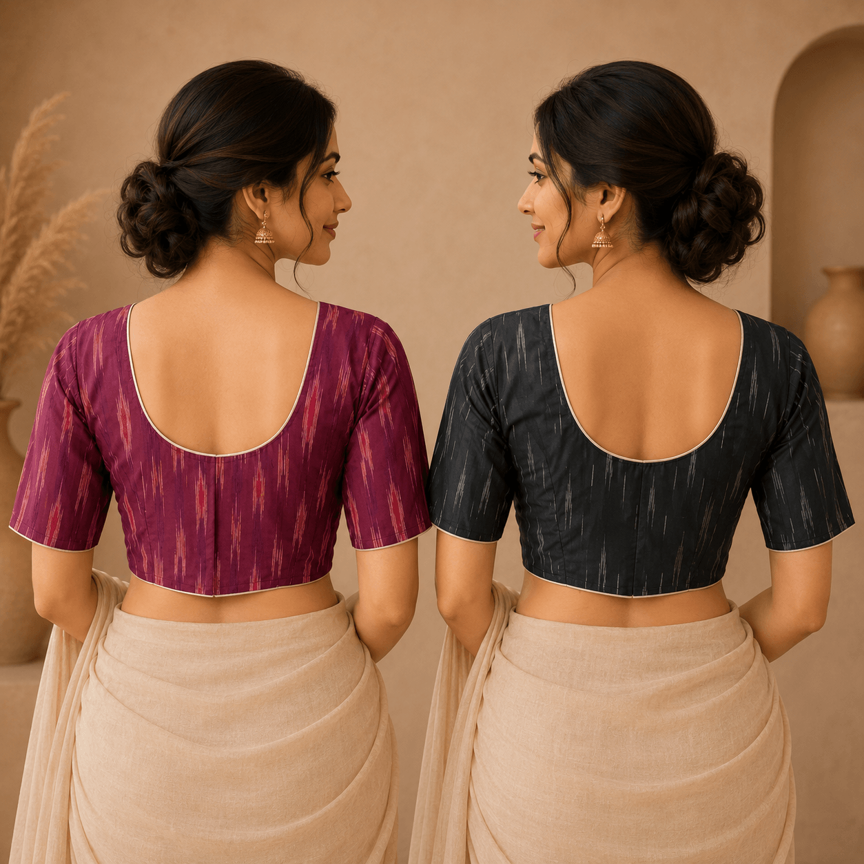 Rivariya Ikkat Cotton Ready-to-Wear Saree Blouse | Pack of 2