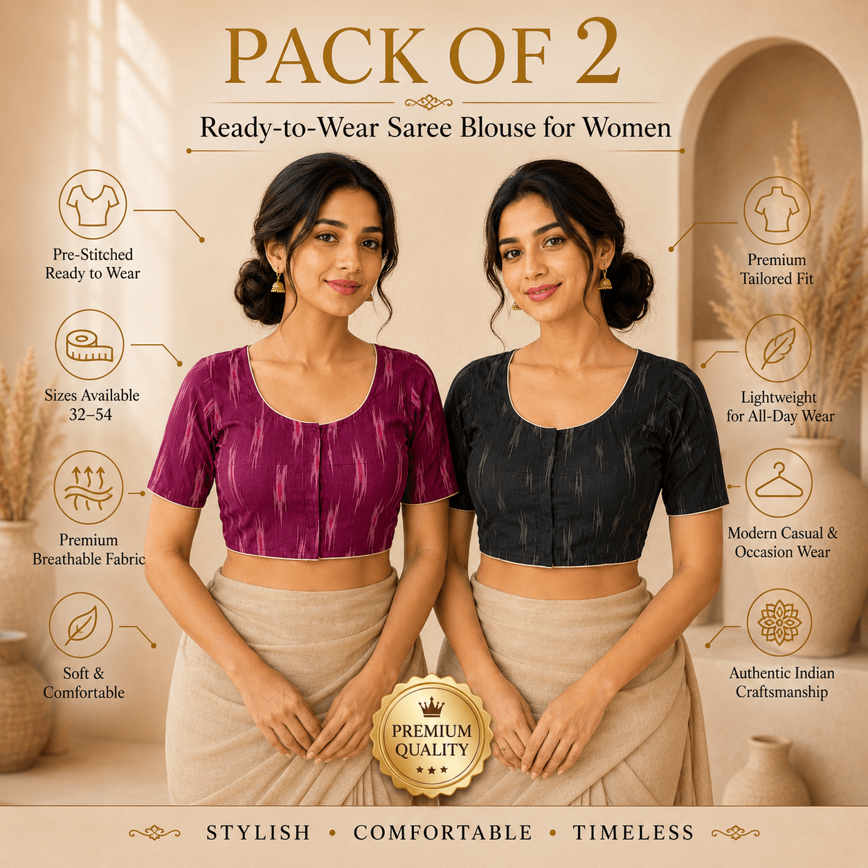 Rivariya Ikkat Cotton Ready-to-Wear Saree Blouse | Pack of 2