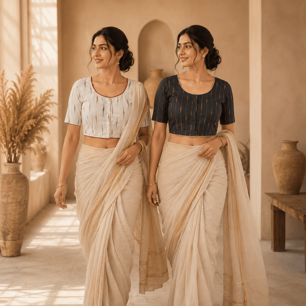 Rivariya Ikkat Cotton Ready-to-Wear Saree Blouse | Pack of 2
