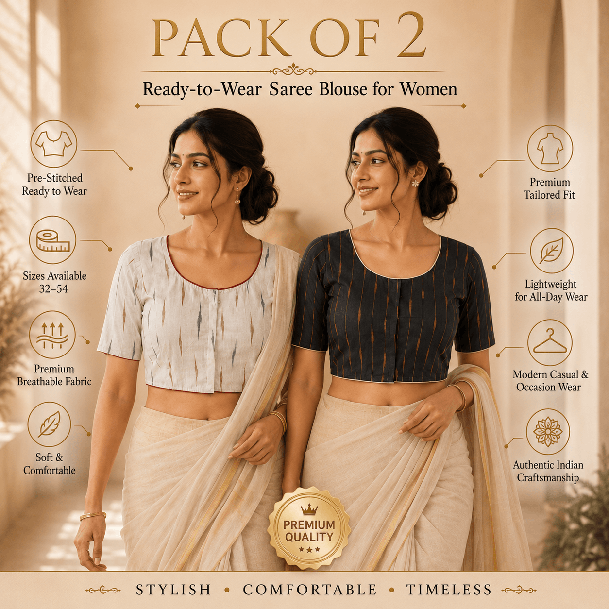 Rivariya Ikkat Cotton Ready-to-Wear Saree Blouse | Pack of 2
