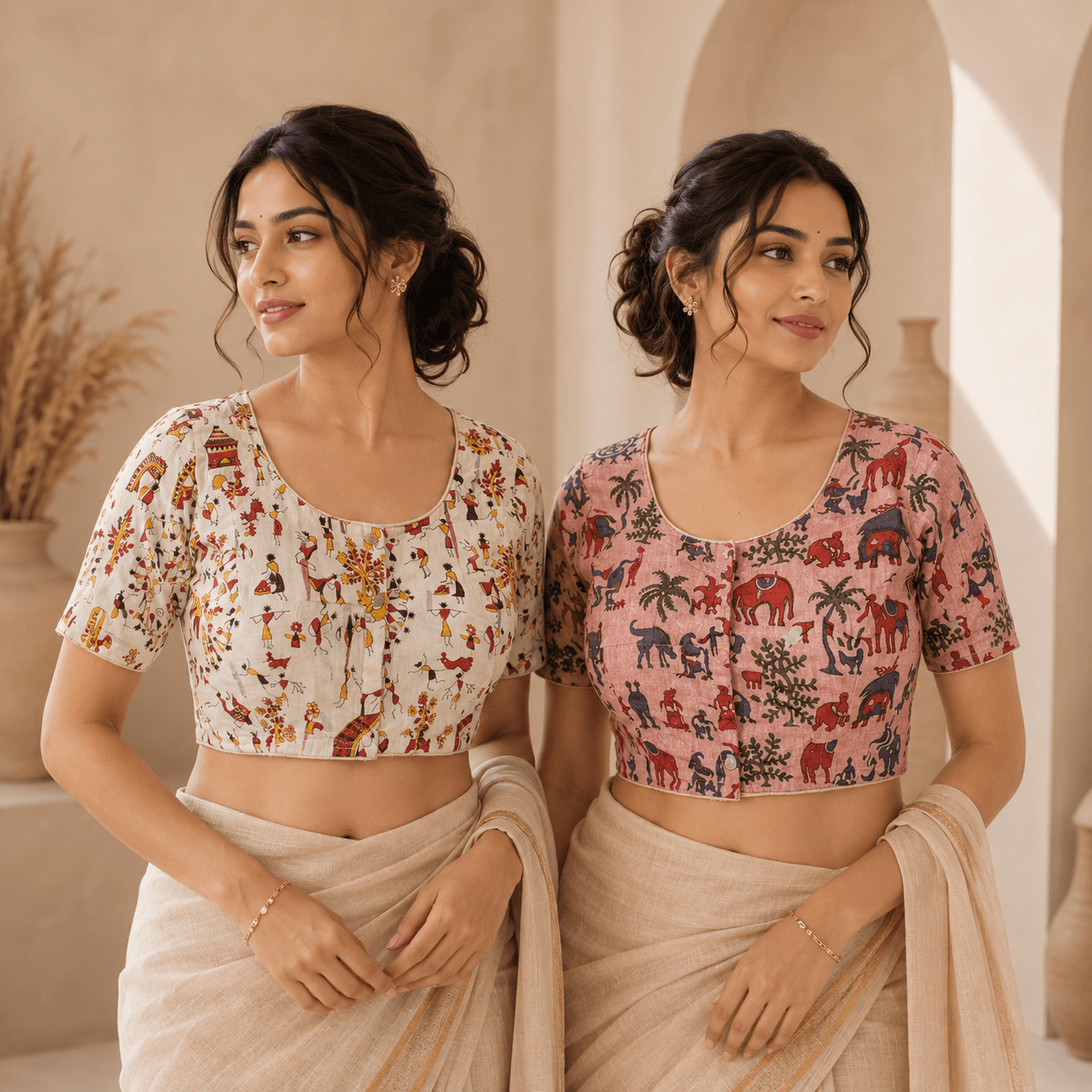 Rivariya Madhubani Cotton Ready-to-Wear Saree Blouse | Pack of 2