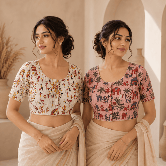 Rivariya Madhubani Cotton Ready-to-Wear Saree Blouse | Pack of 2