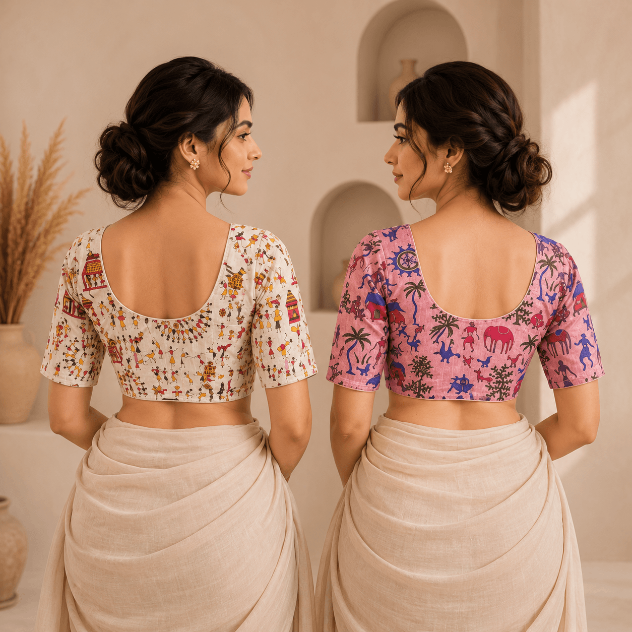 Rivariya Madhubani Cotton Ready-to-Wear Saree Blouse | Pack of 2
