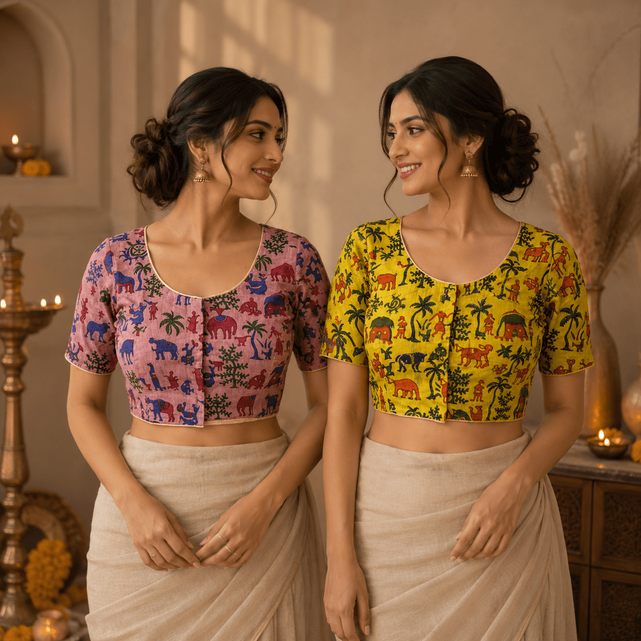 Rivariya Madhubani Cotton Ready-to-Wear Saree Blouse | Pack of 2