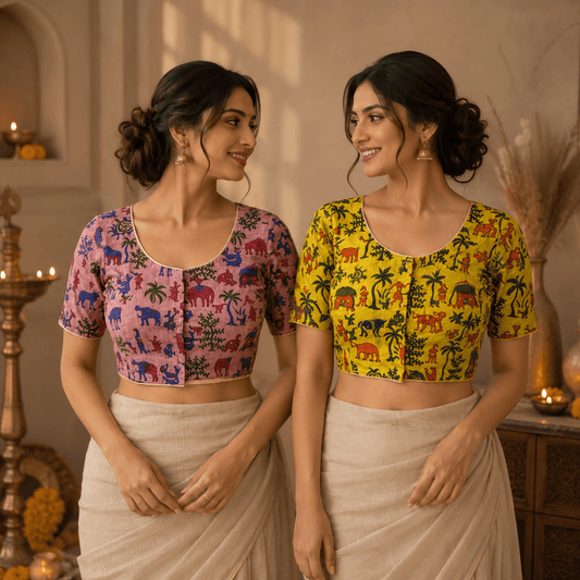 Rivariya Madhubani Cotton Ready-to-Wear Saree Blouse | Pack of 2