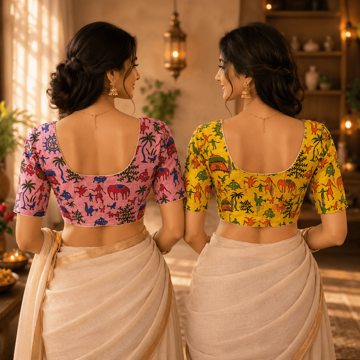 Rivariya Madhubani Cotton Ready-to-Wear Saree Blouse | Pack of 2