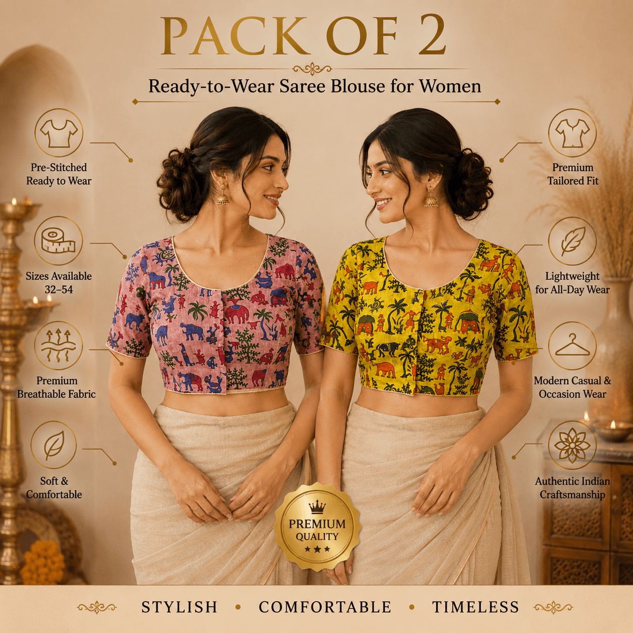 Rivariya Madhubani Cotton Ready-to-Wear Saree Blouse | Pack of 2