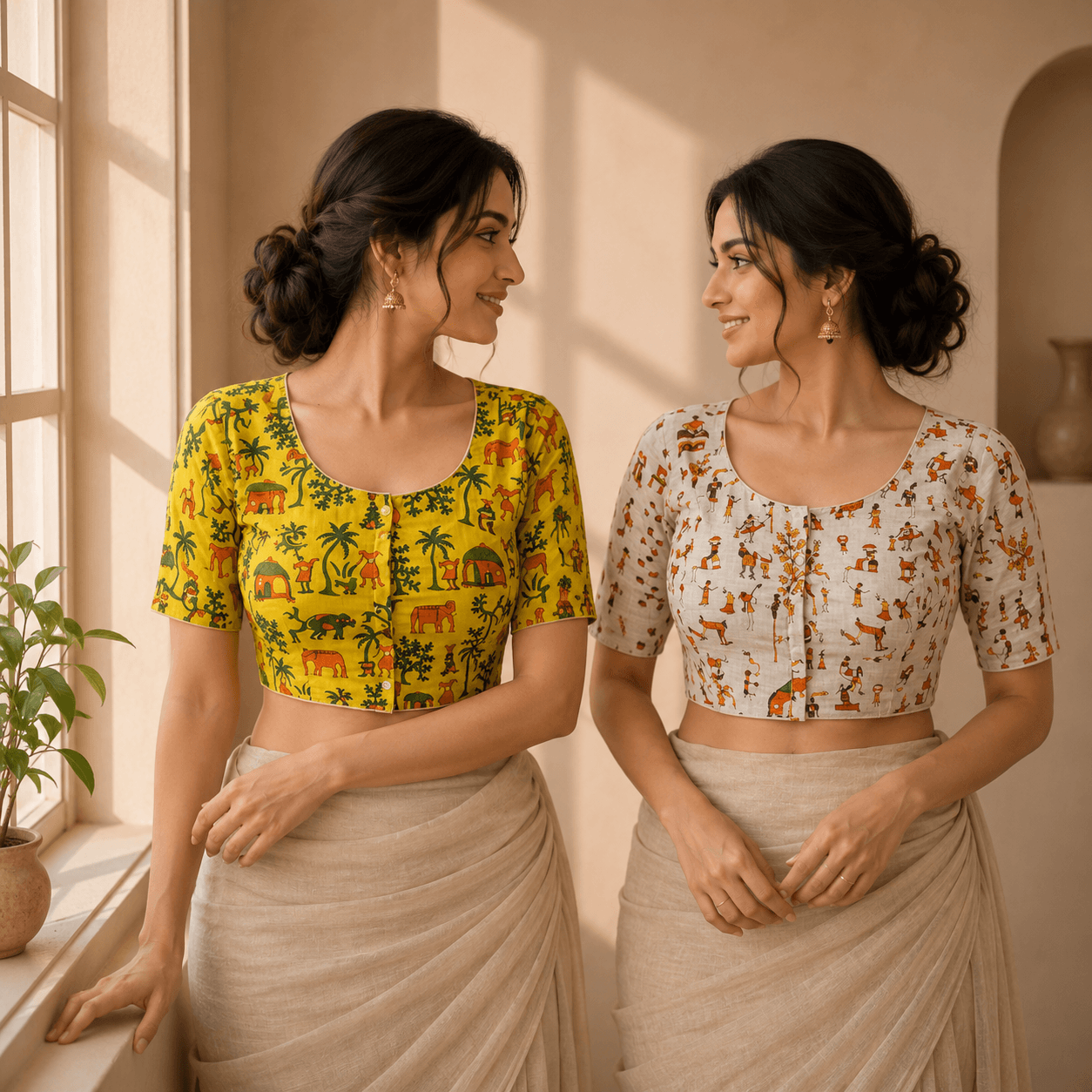 Rivariya Madhubani Cotton Ready-to-Wear Saree Blouse | Pack of 2
