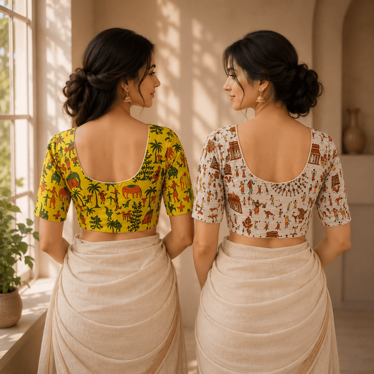 Rivariya Madhubani Cotton Ready-to-Wear Saree Blouse | Pack of 2