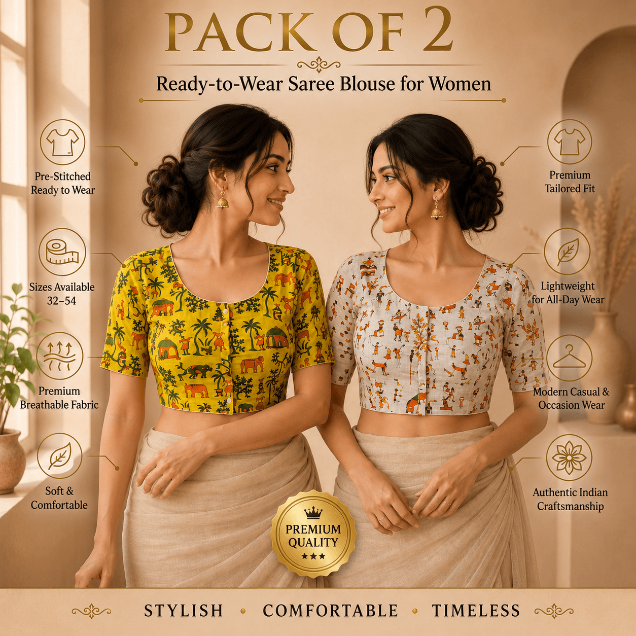 Rivariya Madhubani Cotton Ready-to-Wear Saree Blouse | Pack of 2