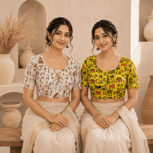 Rivariya Madhubani Cotton Ready-to-Wear Saree Blouse | Pack of 2