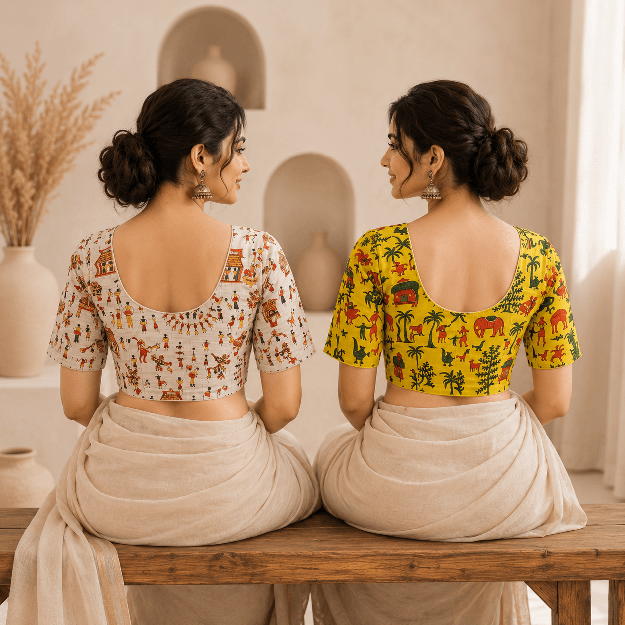 Rivariya Madhubani Cotton Ready-to-Wear Saree Blouse | Pack of 2