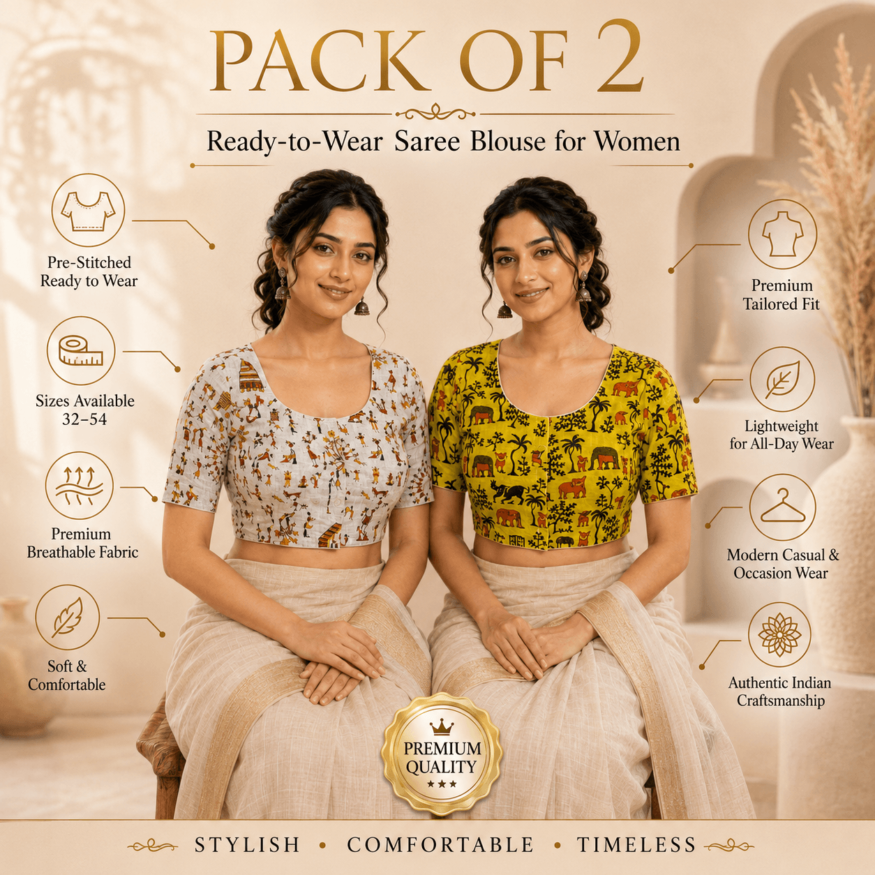 Rivariya Madhubani Cotton Ready-to-Wear Saree Blouse | Pack of 2