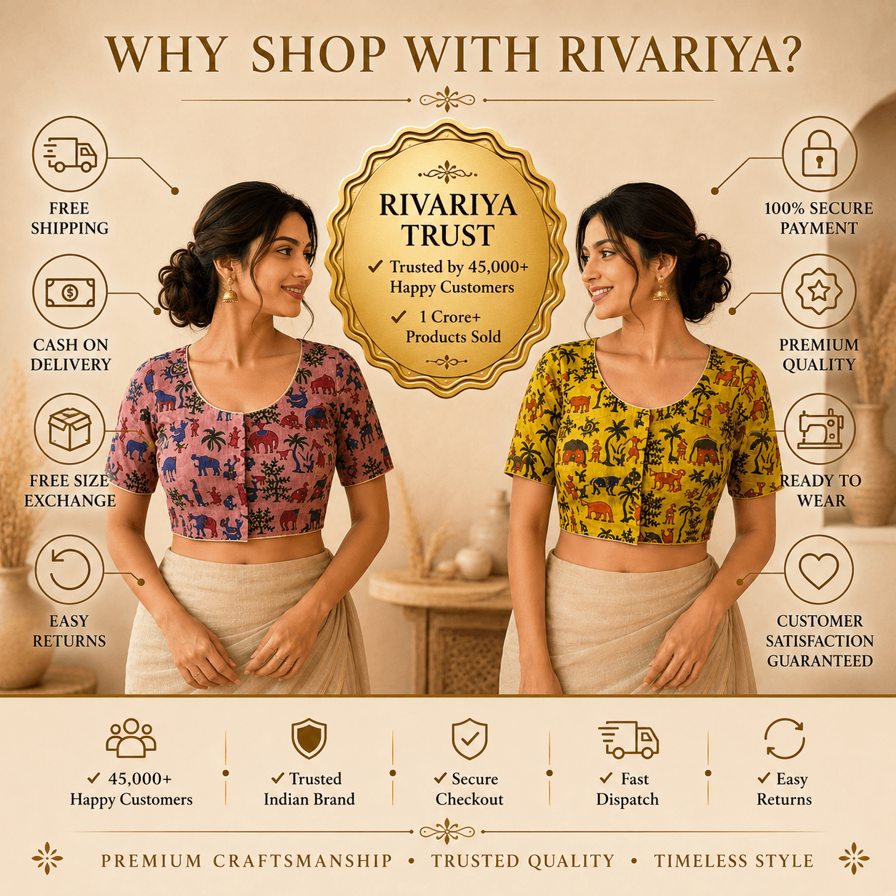 Rivariya Ikkat Cotton Ready-to-Wear Saree Blouse | Pack of 2