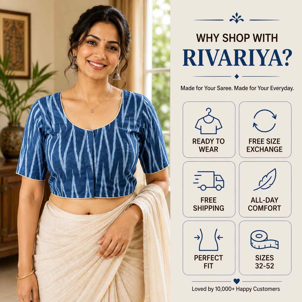 Rivariya Ikkat Cotton Ready-to-Wear Saree Blouse for Women and Girls
