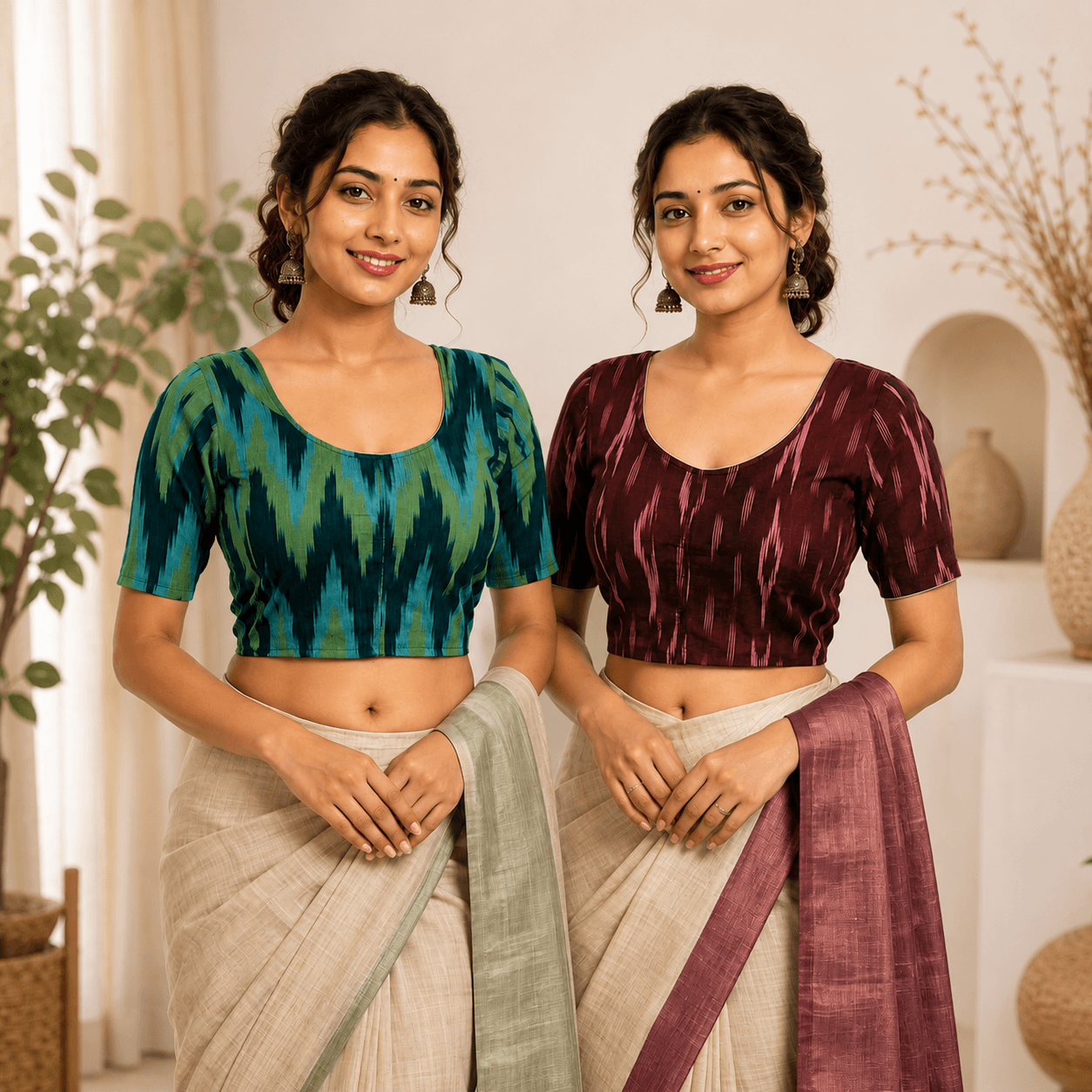 Rivariya Ikkat Cotton Ready-to-Wear Saree Blouse | Pack of 2