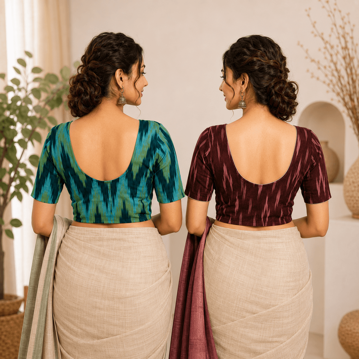 Rivariya Ikkat Cotton Ready-to-Wear Saree Blouse | Pack of 2