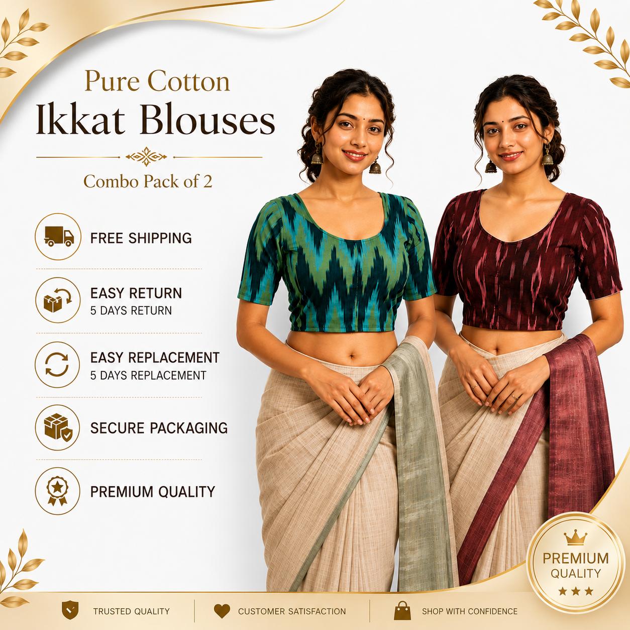 Rivariya Ikkat Cotton Ready-to-Wear Saree Blouse | Pack of 2