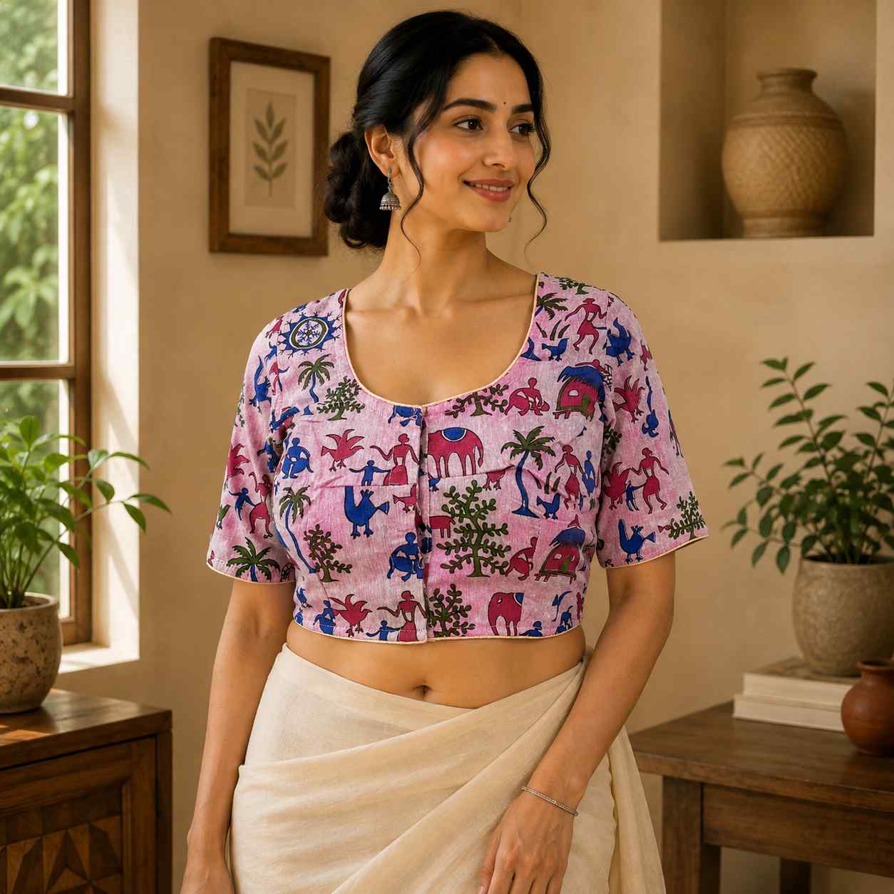 Rivariya Madhubani Cotton Ready-to-Wear Saree Blouse for Women and Girls