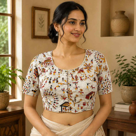 Rivariya Madhubani Cotton Ready-to-Wear Saree Blouse for Women and Girls