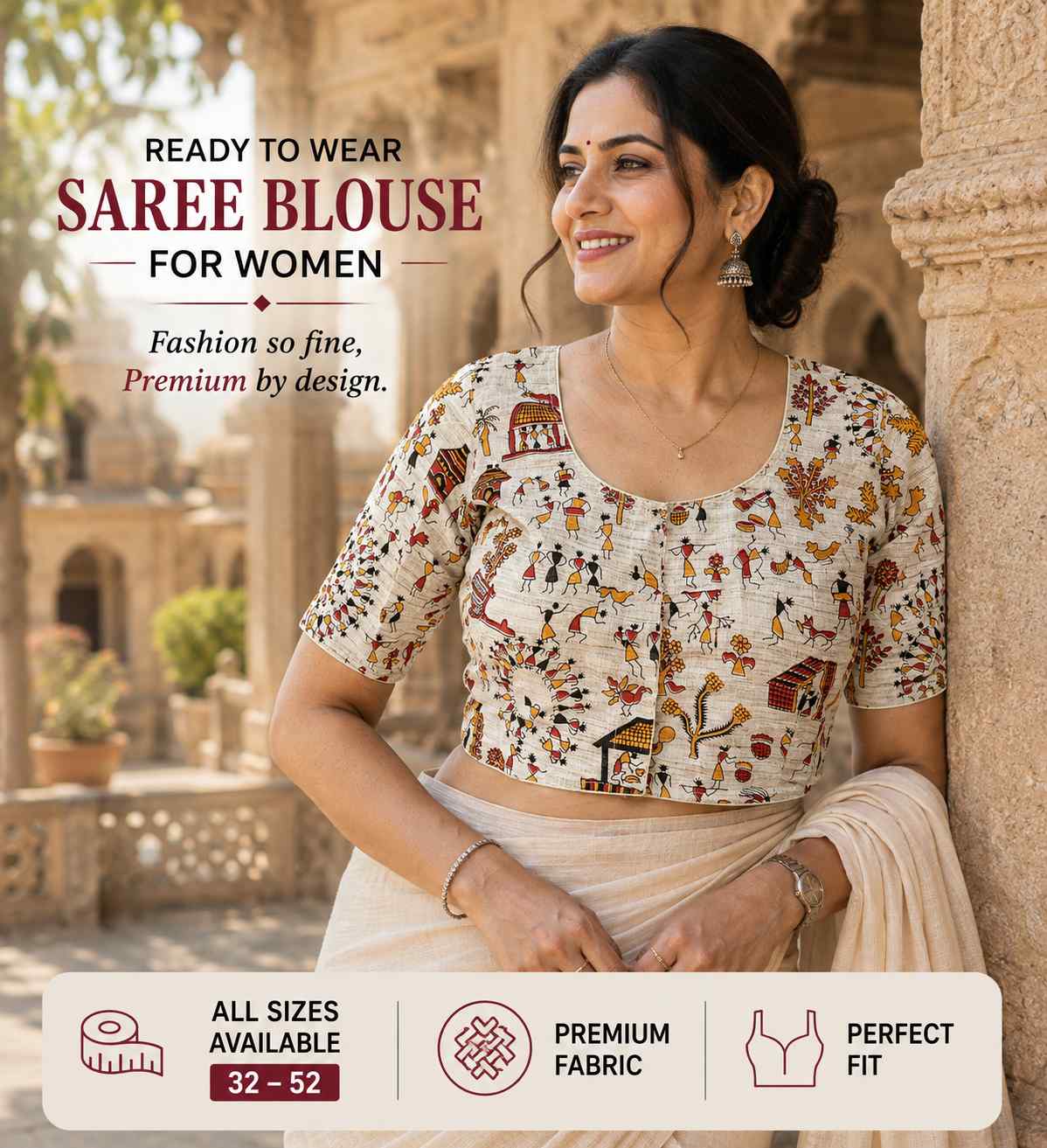 Rivariya Madhubani Cotton Ready-to-Wear Saree Blouse for Women and Girls