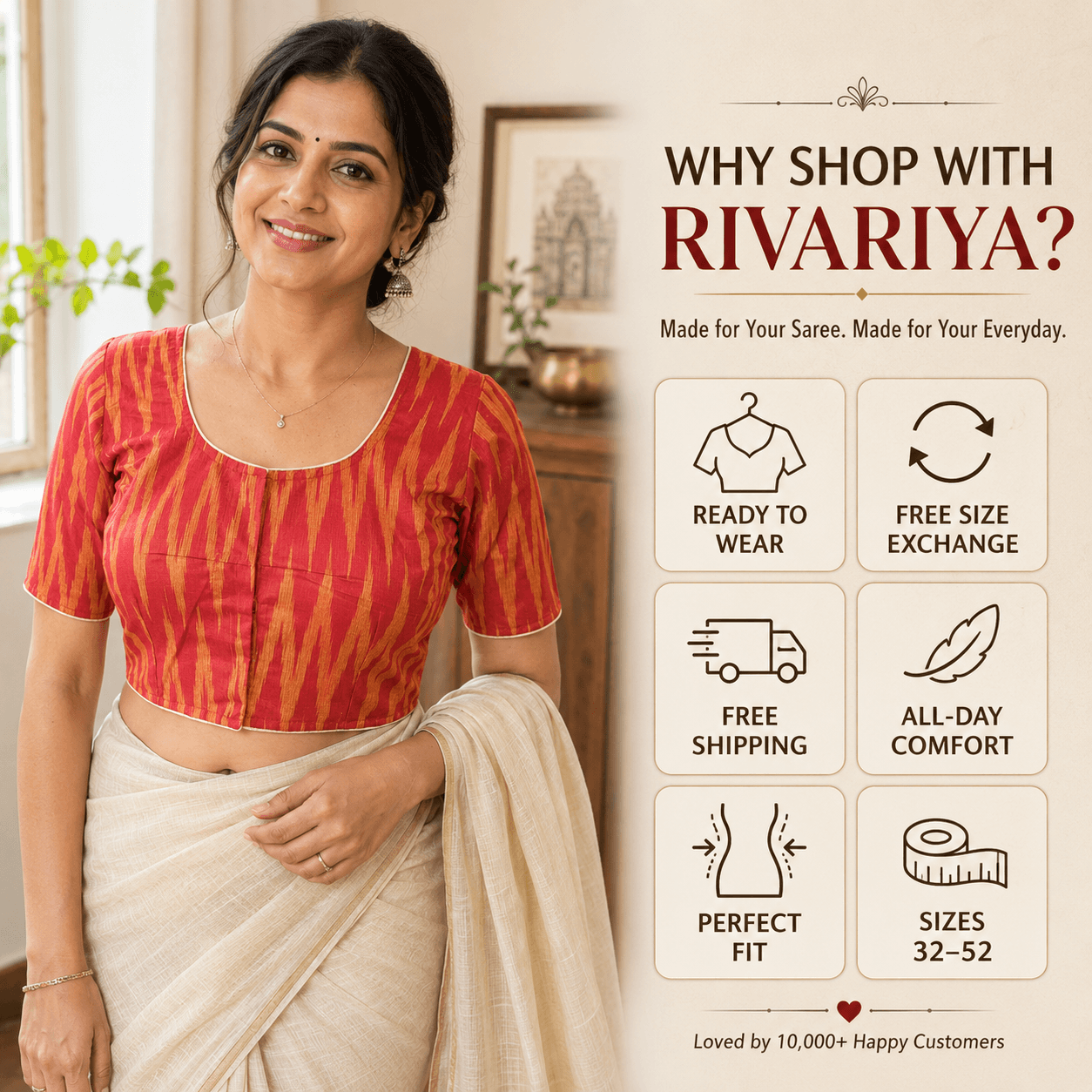 Rivariya Ikkat Cotton Ready-to-Wear Saree Blouse for Women and Girls