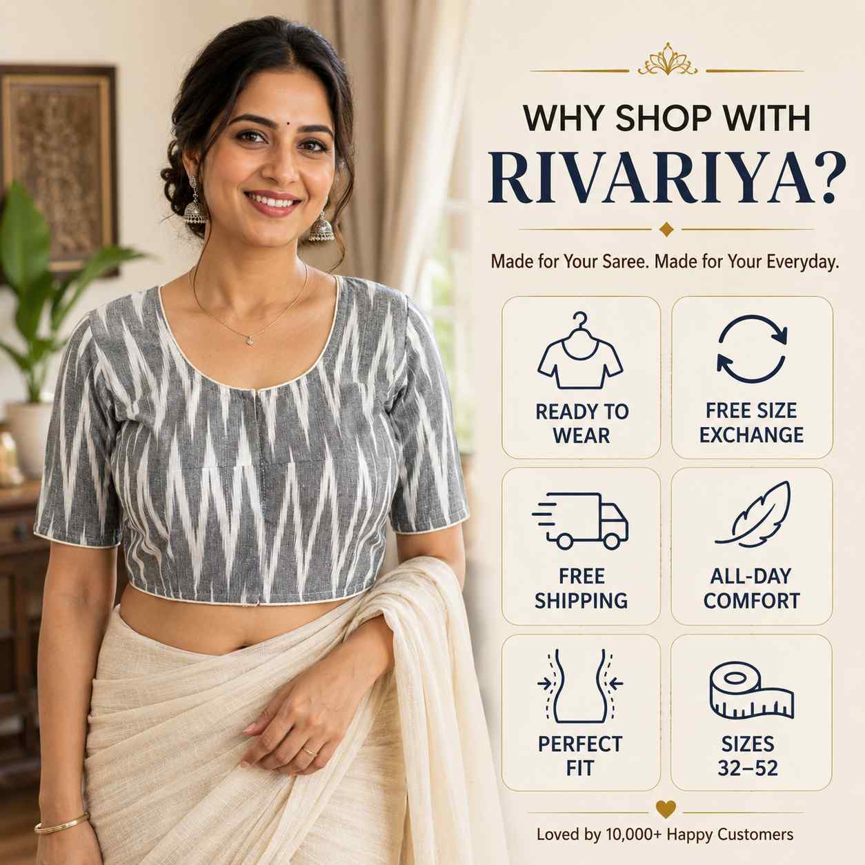 Rivariya Ikkat Cotton Ready-to-Wear Saree Blouse for Women and Girls