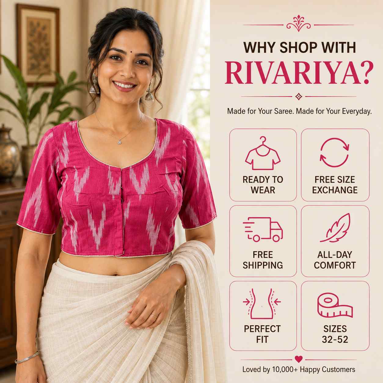 Rivariya Ikkat Cotton Ready-to-Wear Saree Blouse for Women and Girls