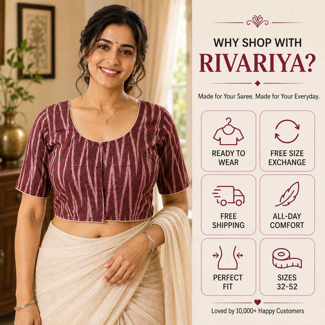 Rivariya Ikkat Cotton Ready-to-Wear Saree Blouse for Women and Girls