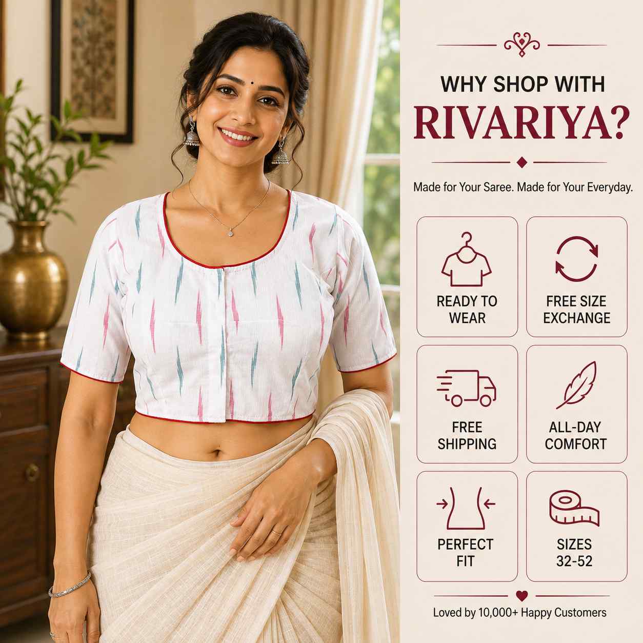 Rivariya Ikkat Cotton Ready-to-Wear Saree Blouse for Women and Girls