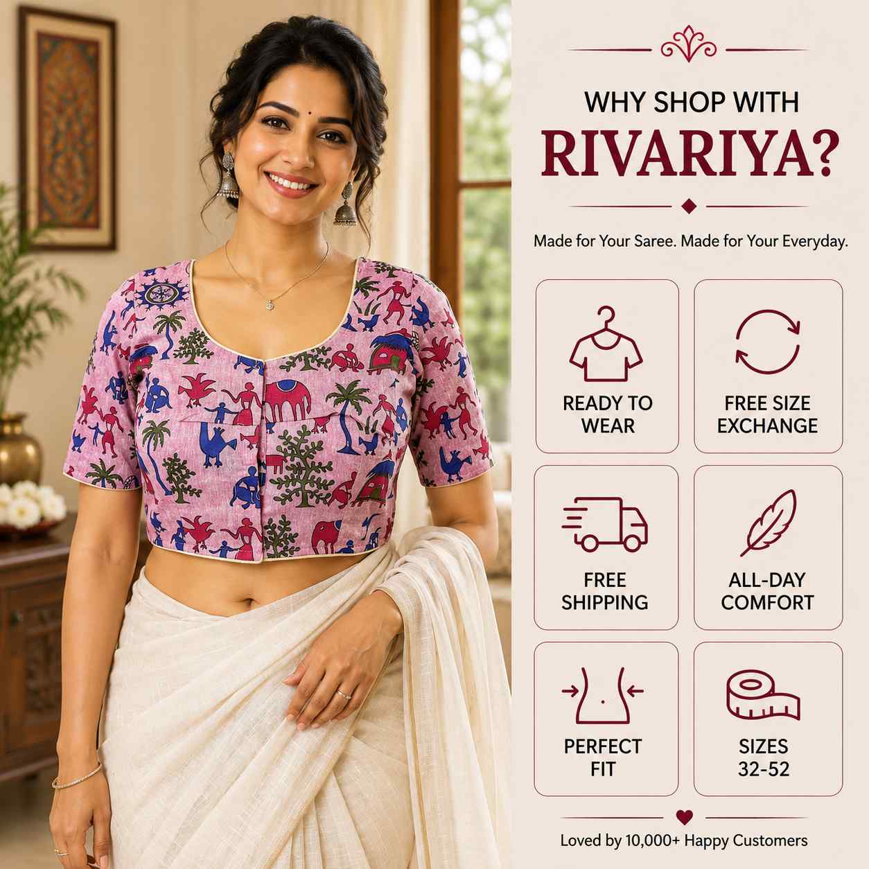 Rivariya Madhubani Cotton Ready-to-Wear Saree Blouse for Women and Girls