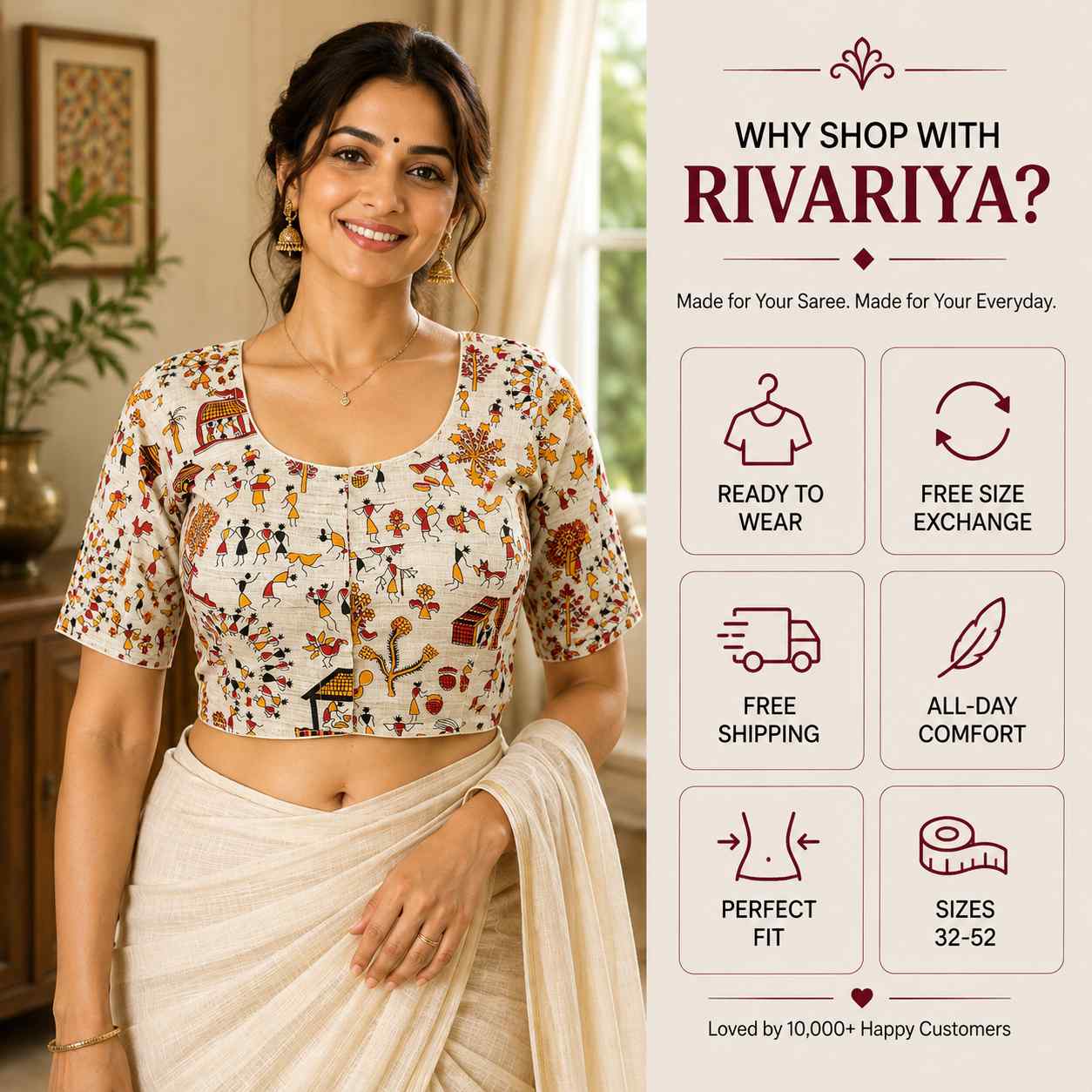 Rivariya Madhubani Cotton Ready-to-Wear Saree Blouse for Women and Girls