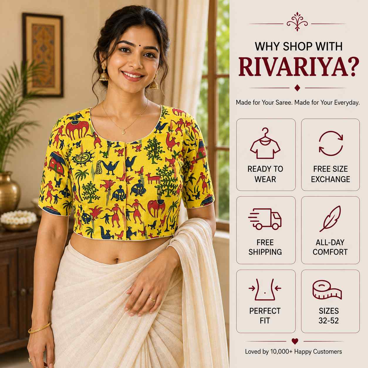 Rivariya Madhubani Cotton Ready-to-Wear Saree Blouse for Women and Girls