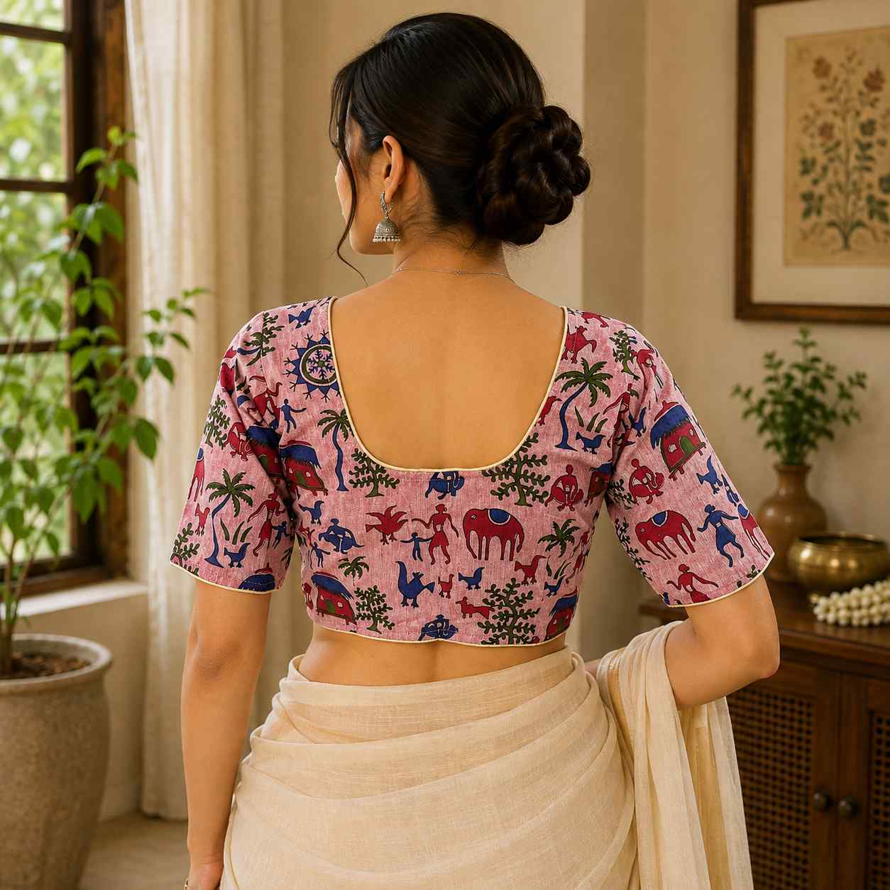 Rivariya Madhubani Cotton Ready-to-Wear Saree Blouse for Women and Girls
