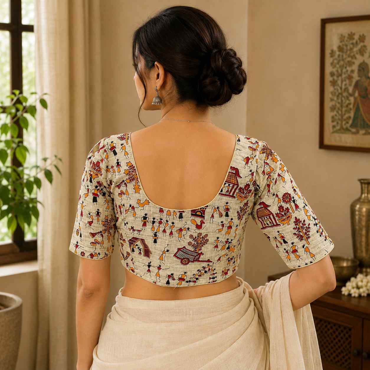 Rivariya Madhubani Cotton Ready-to-Wear Saree Blouse for Women and Girls